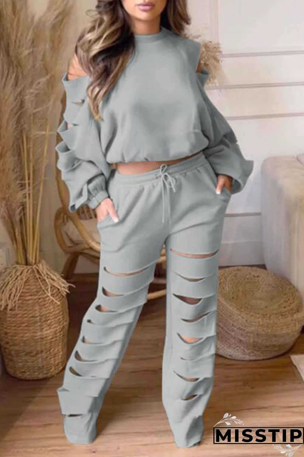 Black Casual Street Solid Hollowed Out Patchwork O Neck Long Sleeve Two Pieces