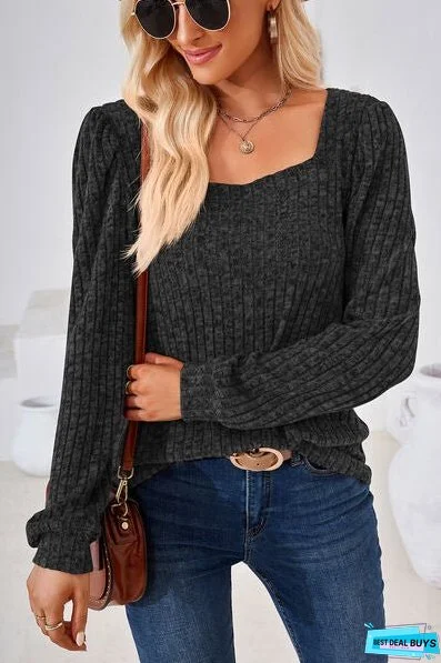Ribbed Square Neck Long Sleeve T-Shirt