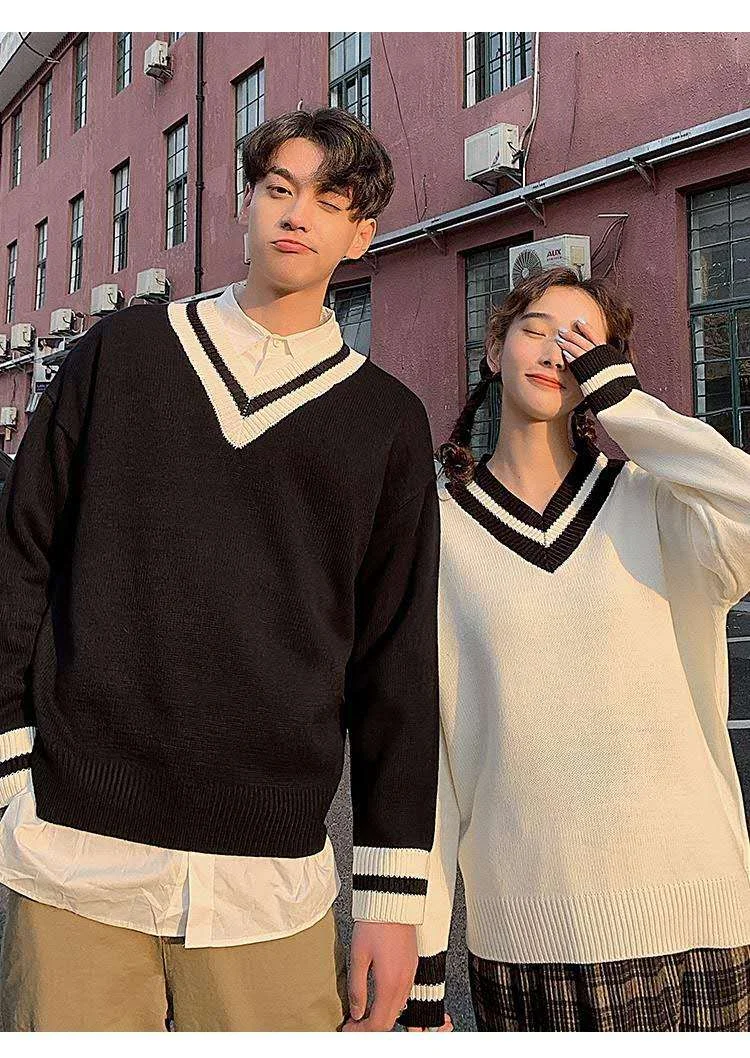 Preppy Style Knitted V-Neck Black White Stripes Couple Sweater BE262