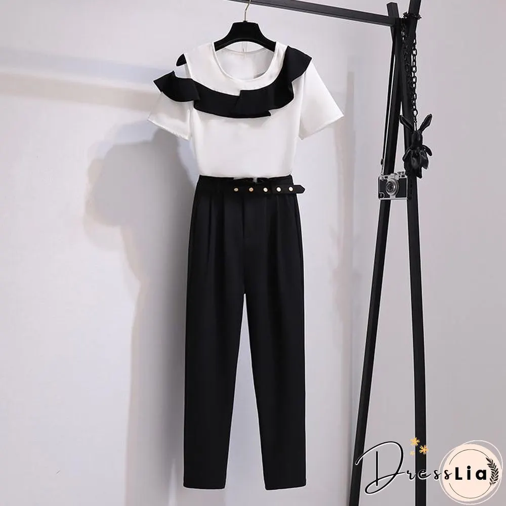 Fashion Ruffle Tee+Belt Pants P11684