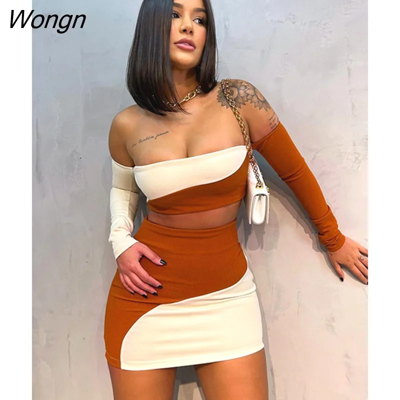 Wongn Backless Off Shoulder Long Sleeve Crop Tops Bodycon Mini Skirt Two Piece Sets Outfits 5335