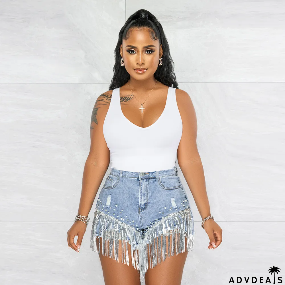 Fashion Sequin Fringe Pearl Denim Shorts