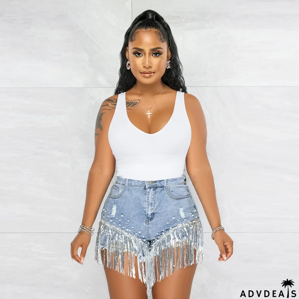 Fashion Sequin Fringe Pearl Denim Shorts