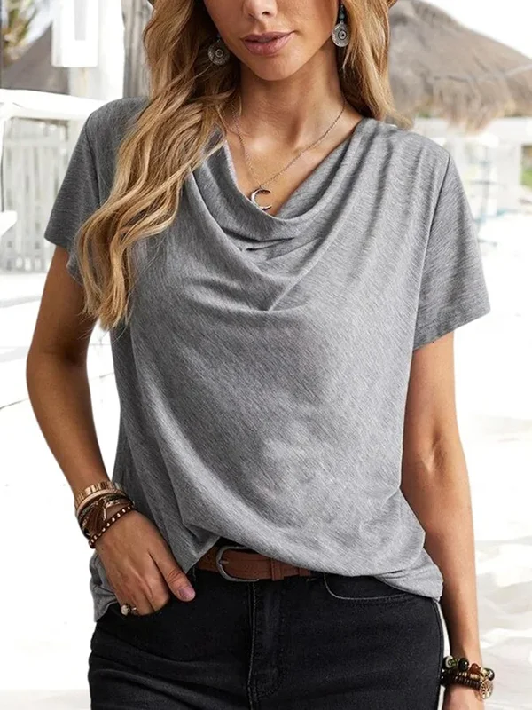 Solid Color Loose Short Sleeves U-Neck T-Shirts Tops