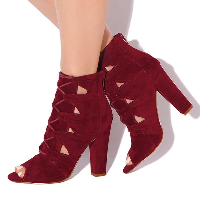 Burgundy Vegan Suede Lace-Up Boots Peep Toe Cut Out Heeled Booties |FSJ Shoes
