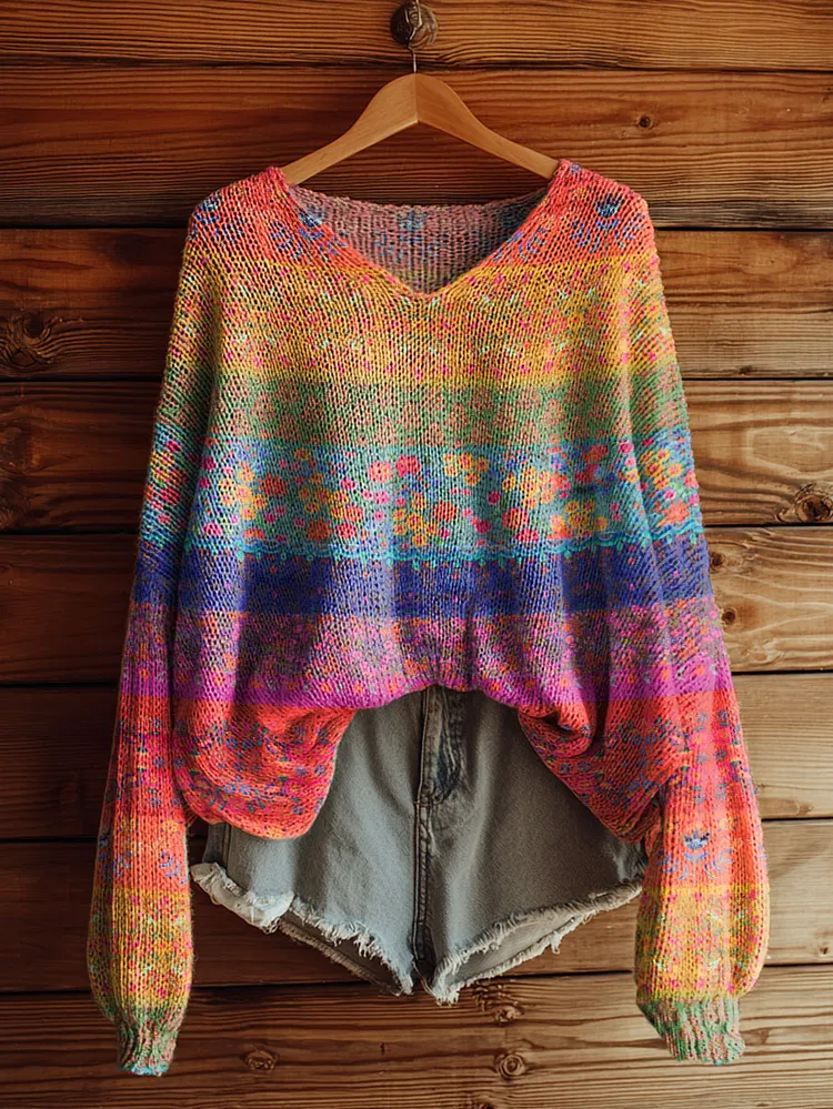 Women's Retro Ethnic Colorful Floral Pattern Print Casual Pullover Sweater