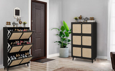 Natural Rattan Shoe Cabinet with 3 Freestanding Flip Drawers image1