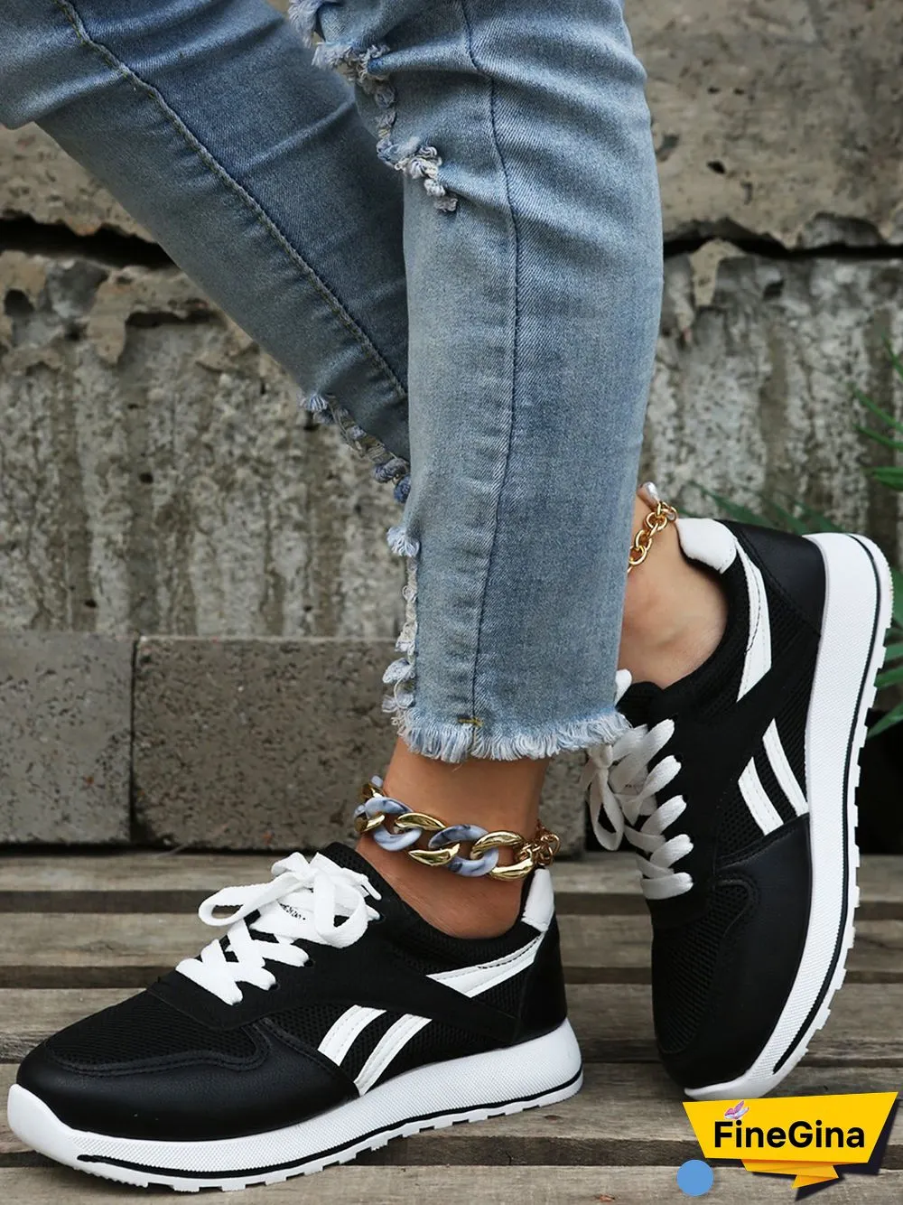 Color Block Sports All Season Split Joint Flat Heel Round Toe Fabric Fabric Lace-Up Sneakers for Women