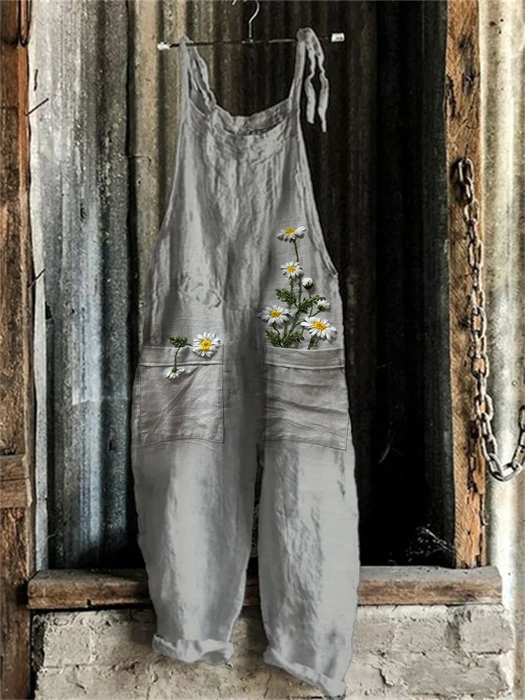 Daisies Satin Embroidered Casual Jumpsuit