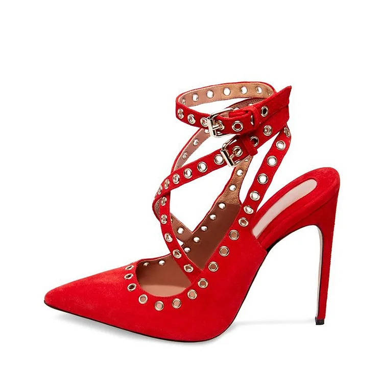 Red Suede Shoes Studs Cross Over Slingback Heels Pumps |FSJ Shoes