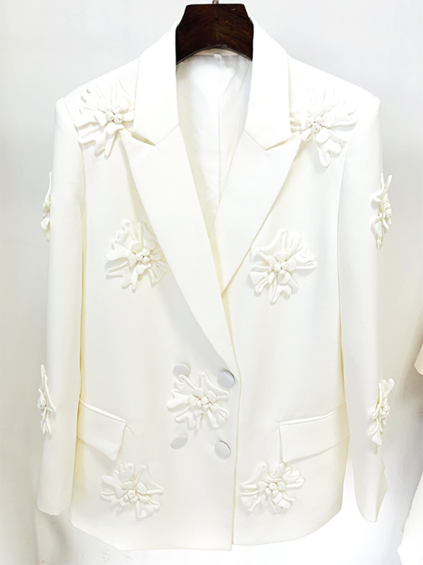 Long Sleeves Flower-Embellished Solid Color Lapel Blazer Outerwear