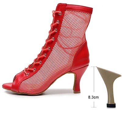 VCshoes Woman Red Mesh Latin Ballroom Dance Shoes Women High Heel Jazz Dance Booties Girls Stiletto Bootie Slim Heel 3.5/4 Inch