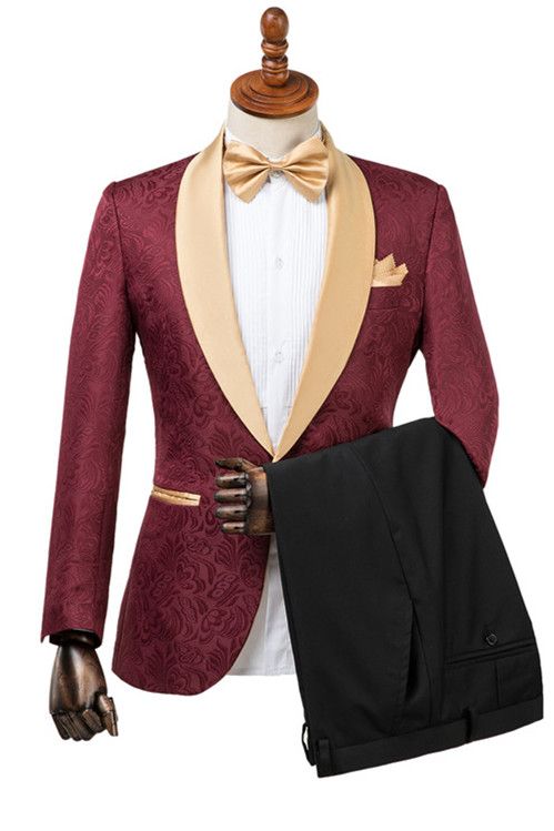 Fashion Burgundy Shawl Lapel Men's Wedding Suit With Jacquard - lulusllly