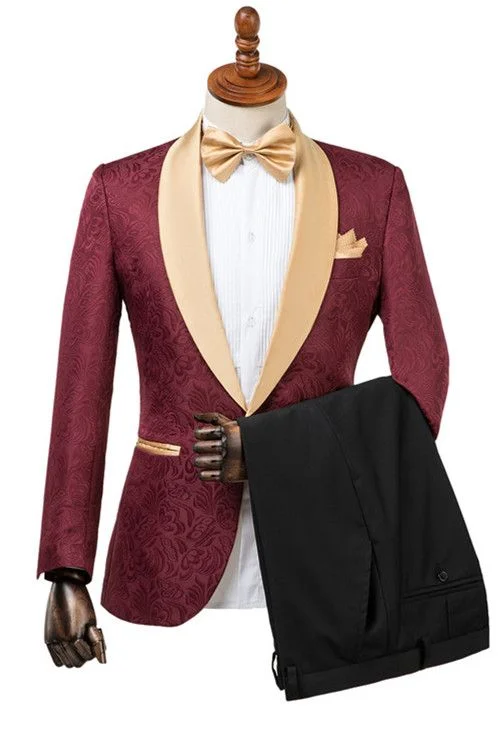 Daisda Gentle Burgundy Shawl Lapel Men's Wedding Suit With Jacquard