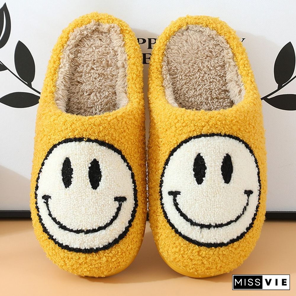 Winter House Girls Fur Slippers Cute Smiley Pattern Women Fluffy Warm Bedroom Ladies