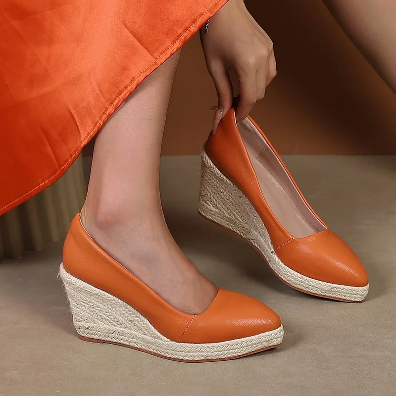 Wongn Wongn And Autumn Slope With Thick Bottom High Heel Pointed Shallow Single Shoes Women Grass Hemp Rope Bottom