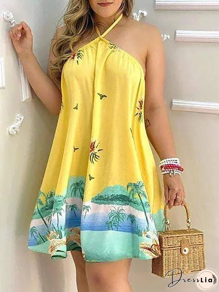 Tropical Print Halter Backless Dress