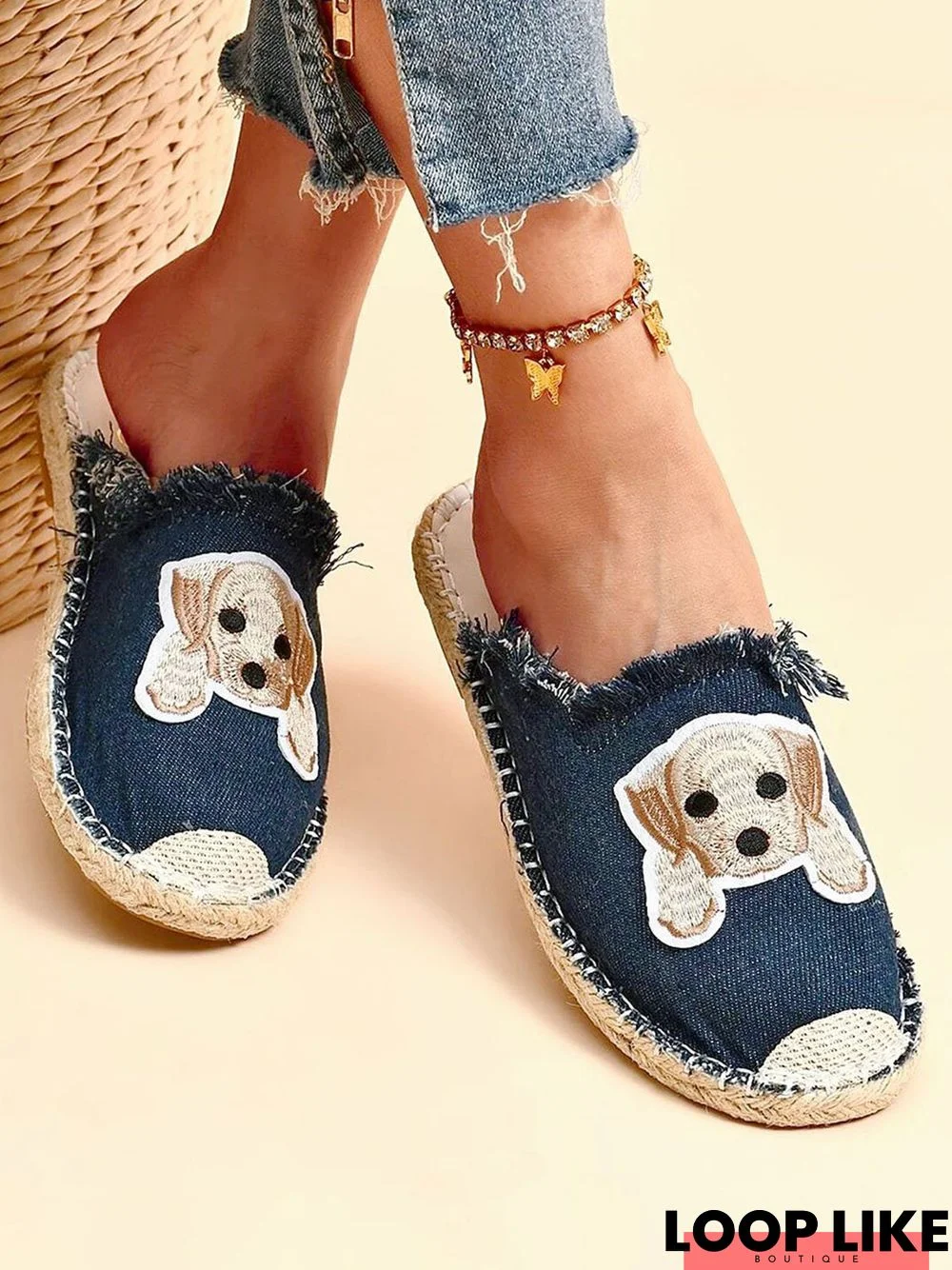 Dog Embroidered Canvas Espadrille Slides