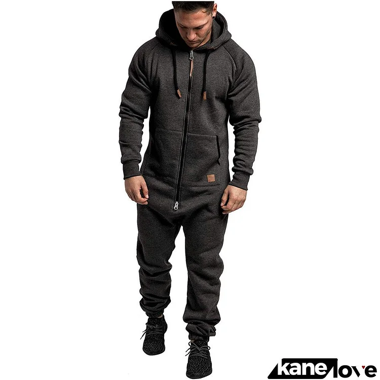 Men Casual Long Sleeve Hat Rope Pocket Design Zipper Fleece-lined Solid Color Hooded Jumpsuits