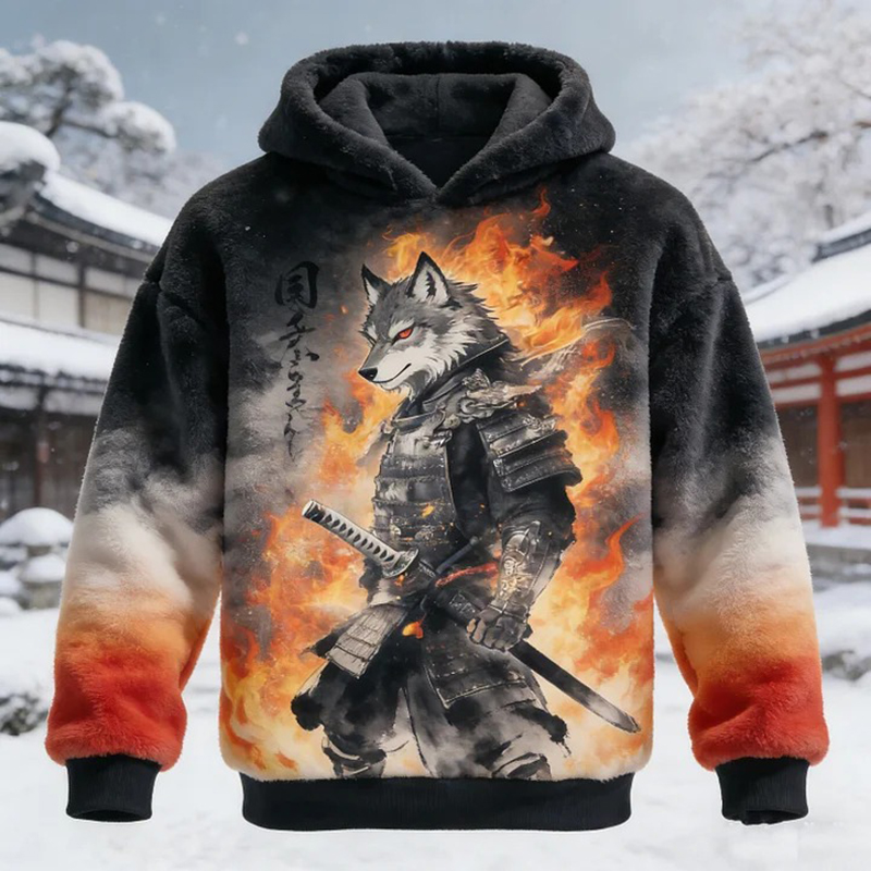 Men's Japanese Katana Wolf Samurai Flame Graphics Print Casual Flannel Hoodie  artssus