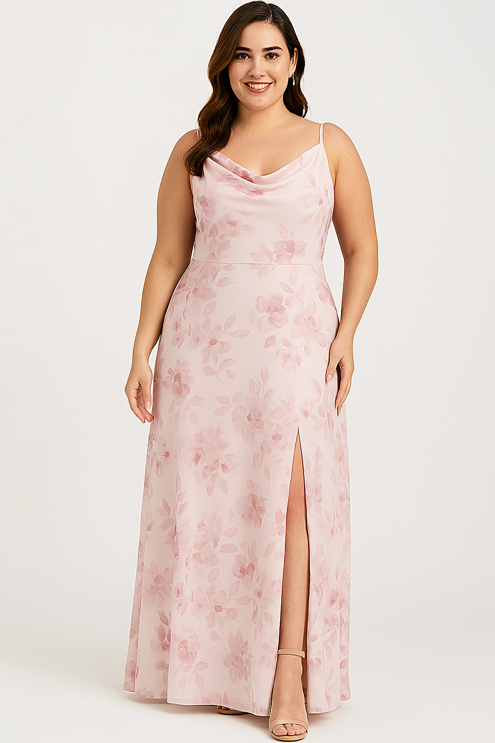 Flycurvy Plus Size Wedding Guest Pink Floral Print Cowl Neck Slit Cami Maxi Dress 2024 - Flycurvy 
