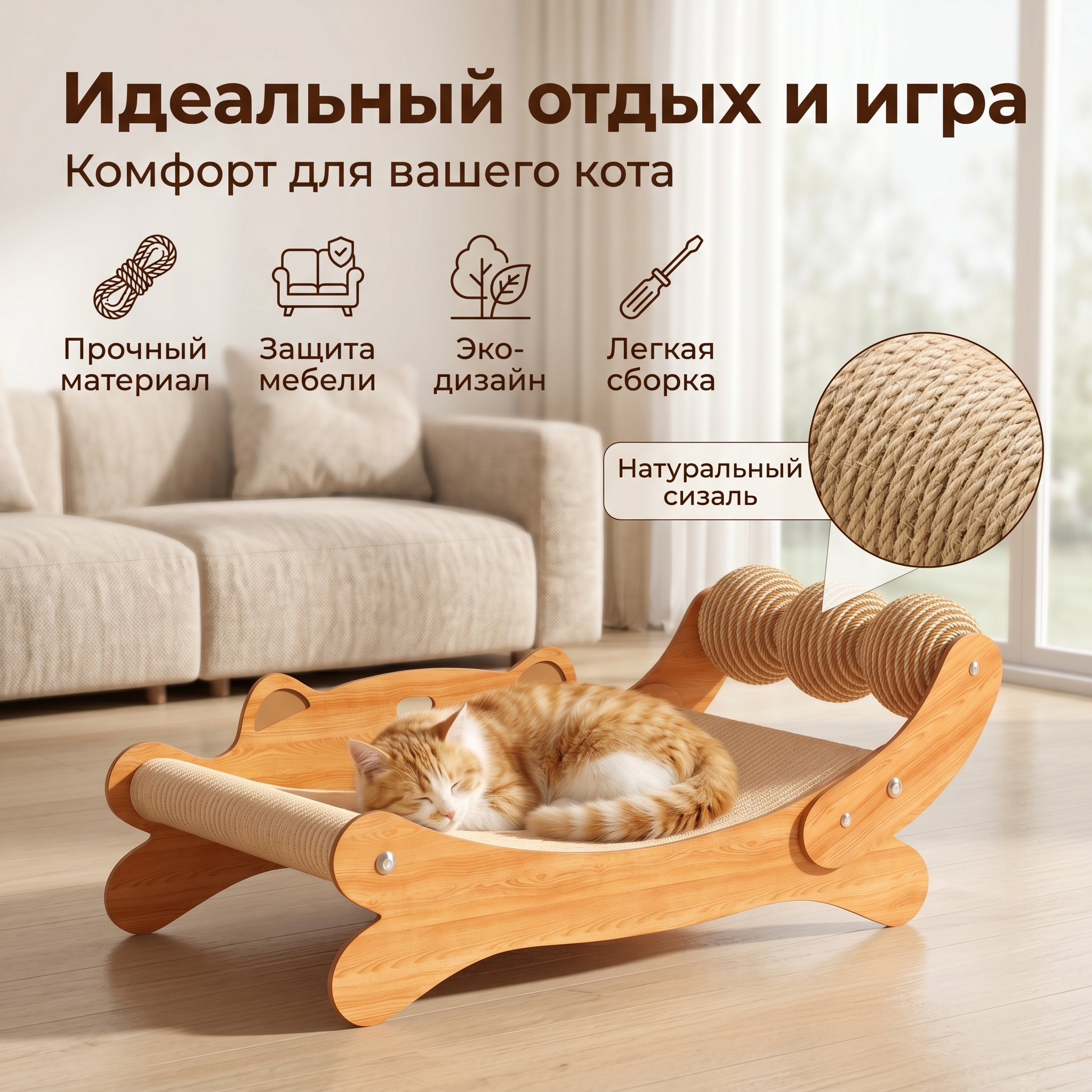 GOPET&reg; Комбинированная когтеточка-лежанка для кошек &mdash; с сизалевым шаром, валиком и зоной отдыха &mdash; прочная, износостойкая и не осыпается