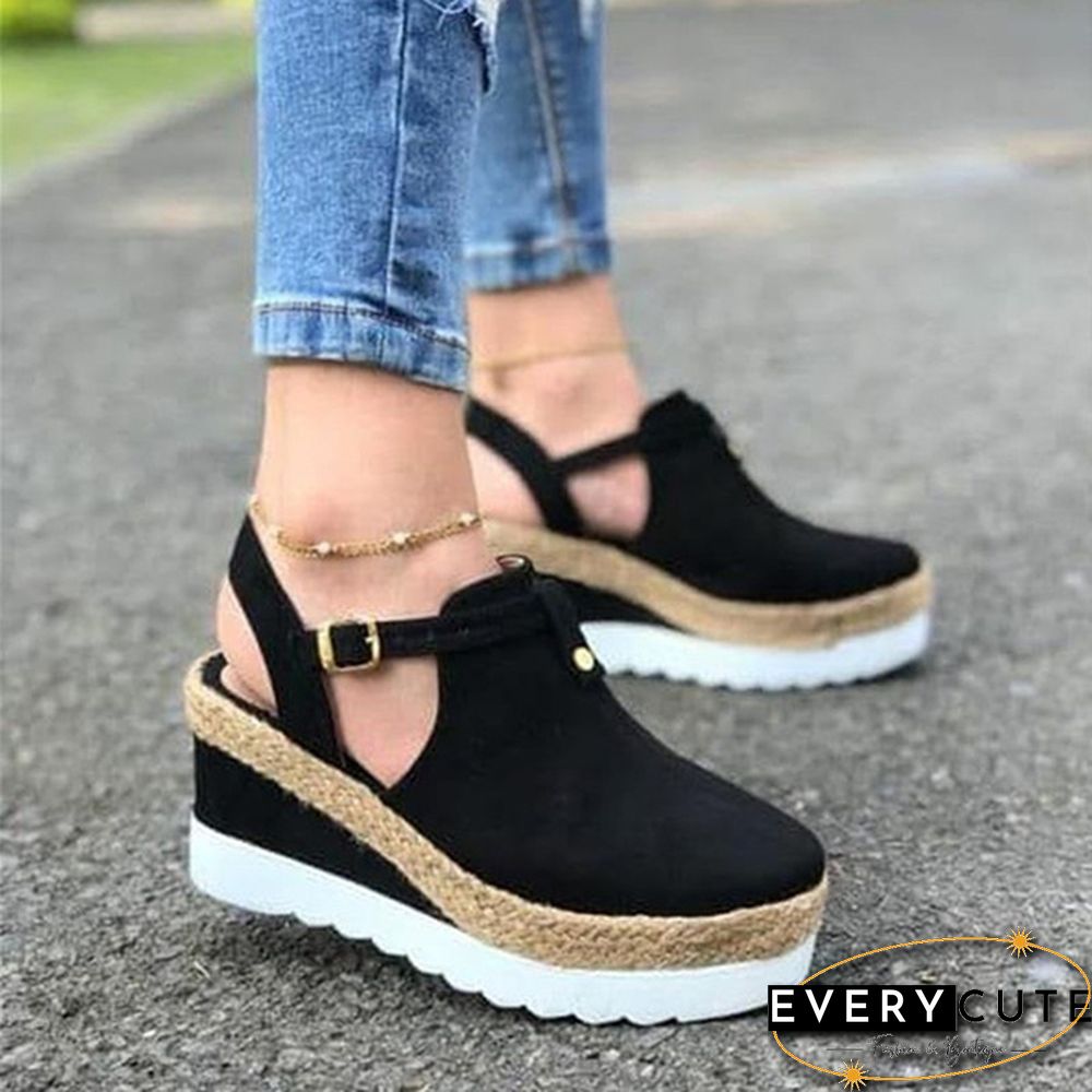 Summer Womens Sweet High Heel Wedge Platform Sandals Metal Button Shoes