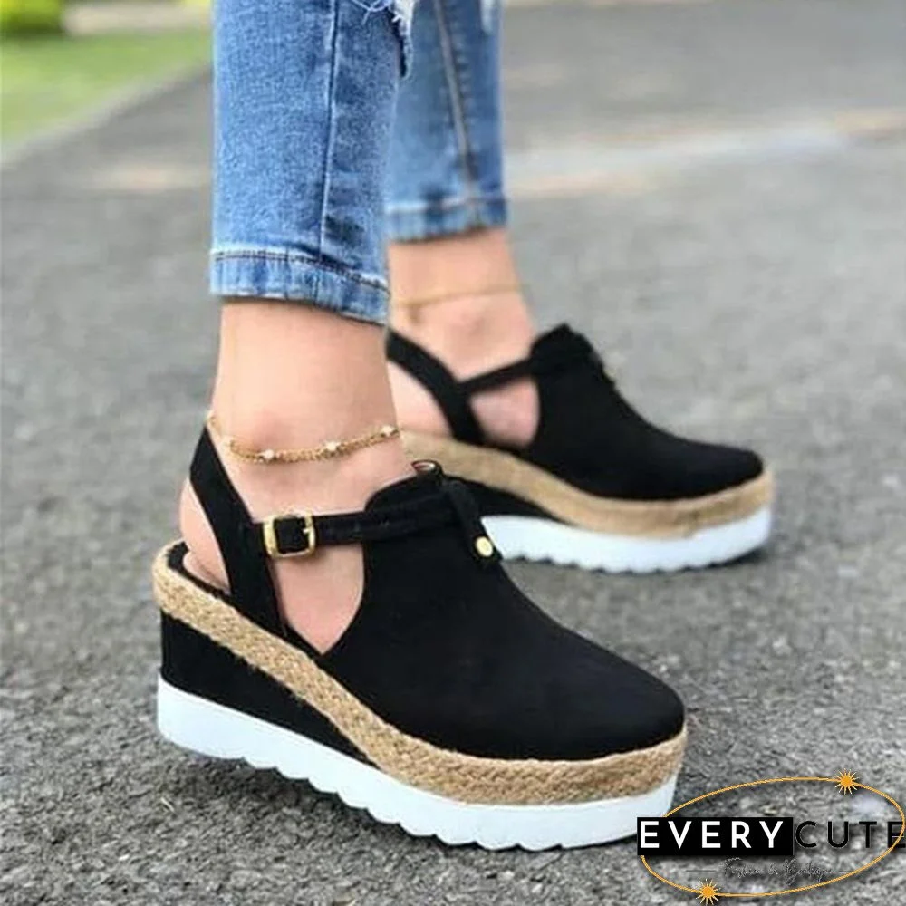 Summer Womens Sweet High Heel Wedge Platform Sandals Metal Button Shoes