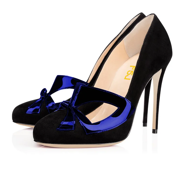Women's Black Vegan Suede Bow Low-cut Upper Stiletto Heels Pumps Shoes |FSJ Shoes
