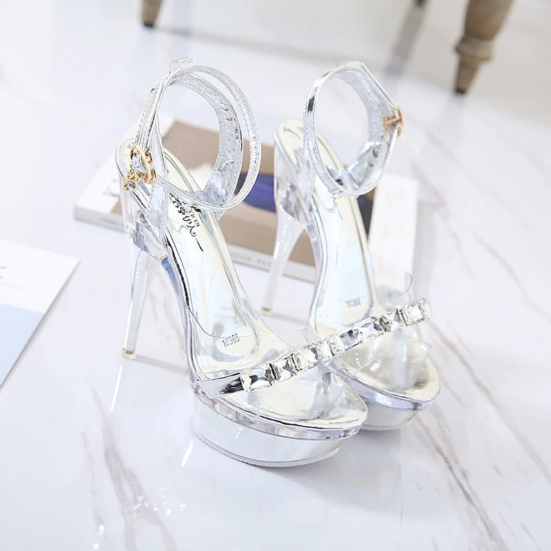 Wongn Wongn Plus Size Ultra High Heel Fish Mouth Shoes Silver Fine Heel Cross Strap Female Al Nightclub Sex Size 43