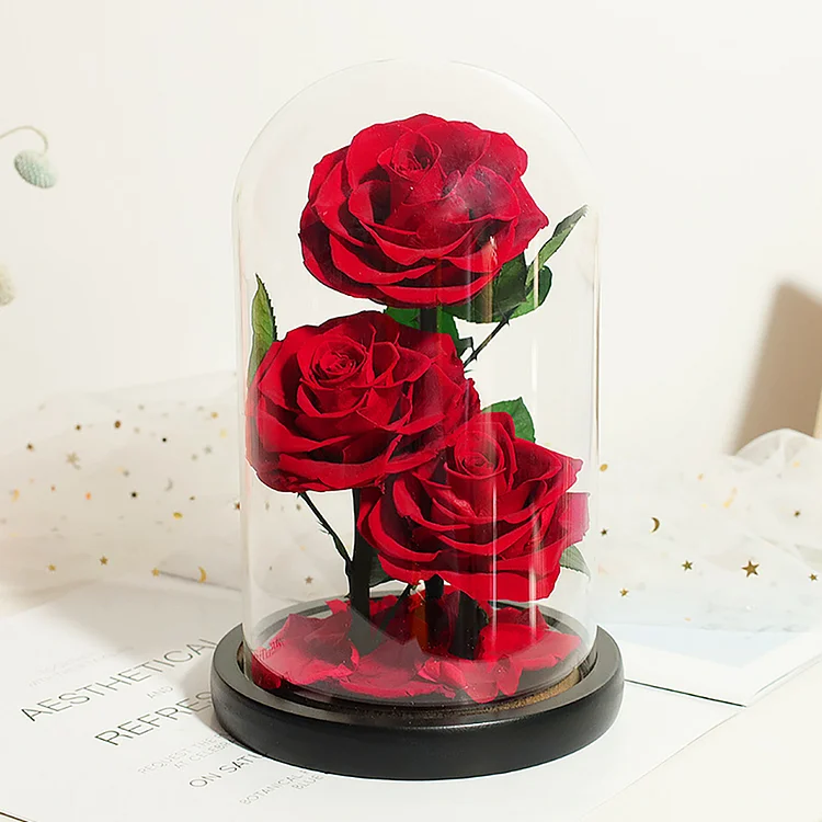 Handmade Natural Triple Everlasting Rose in Glass Dome