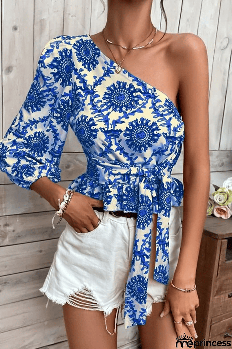 Elegant Vacation Not Positioning Printed Patchwork Oblique Collar Tops