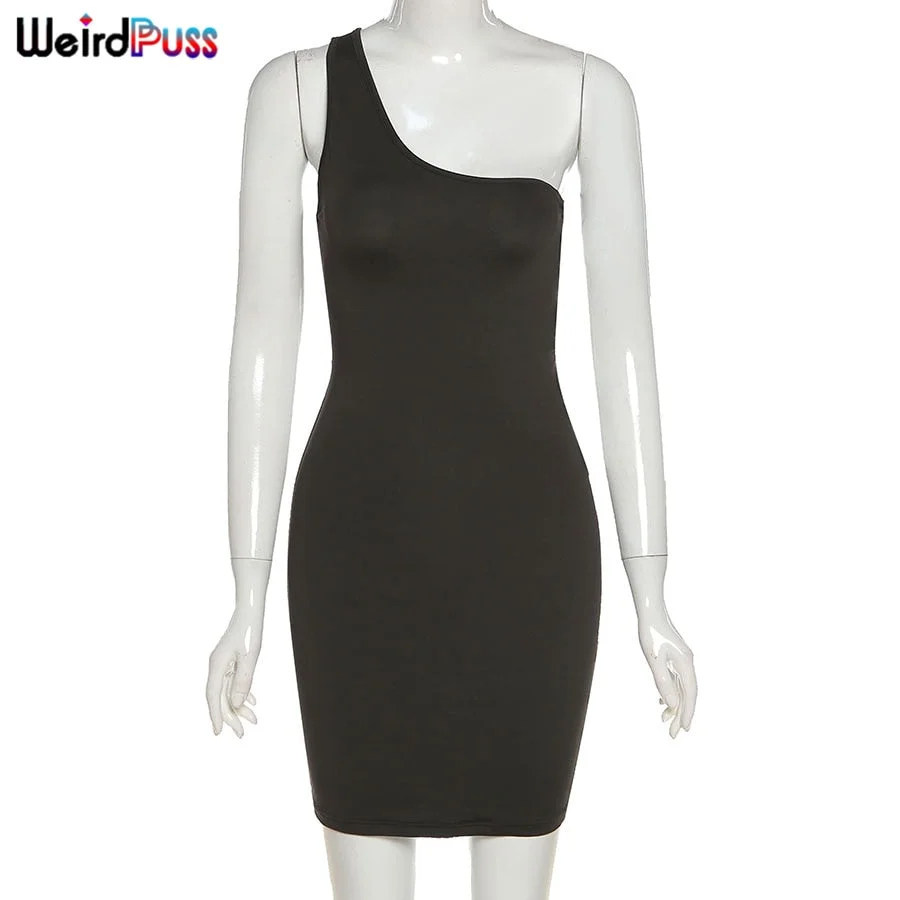 Weird Puss Skinny Y2K Women Sexy One Shoulder Party Dress Sleeveless Backless Bandage Clubwear Street Style Elegant Slim Bodycon