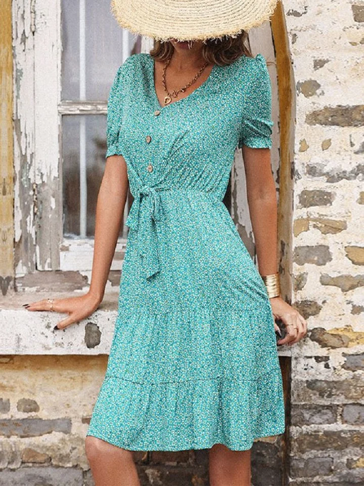 Floral Skirt High Waist Green Slim Slim V-neck Dress | EGEMISS