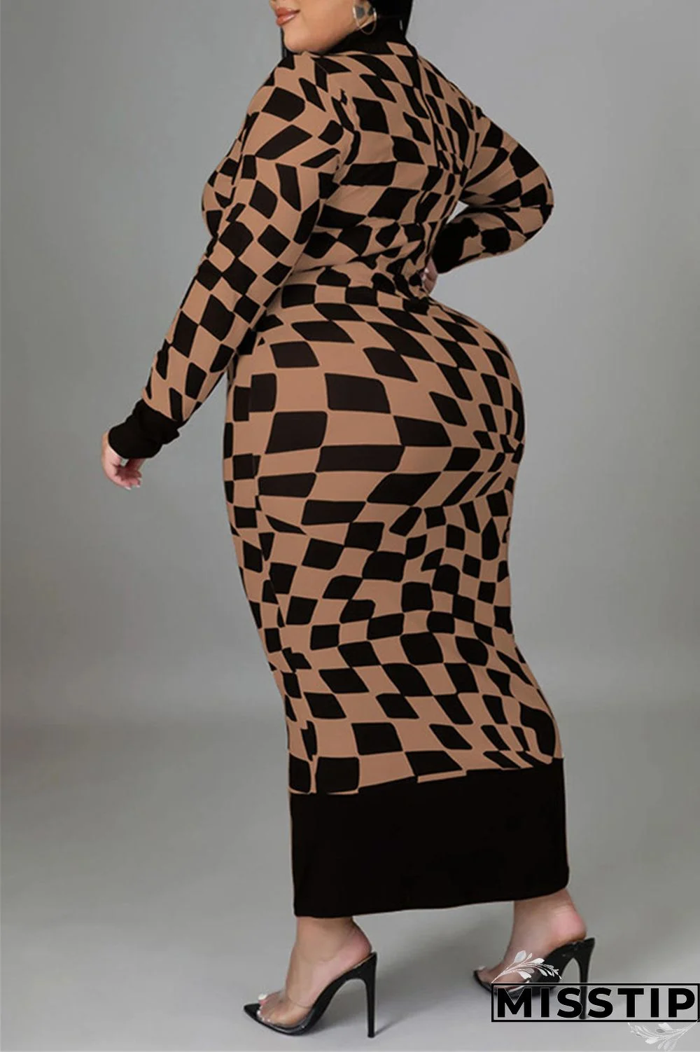 Yellow Casual Plaid Print Patchwork Half A Turtleneck Long Sleeve Plus Size Dresses