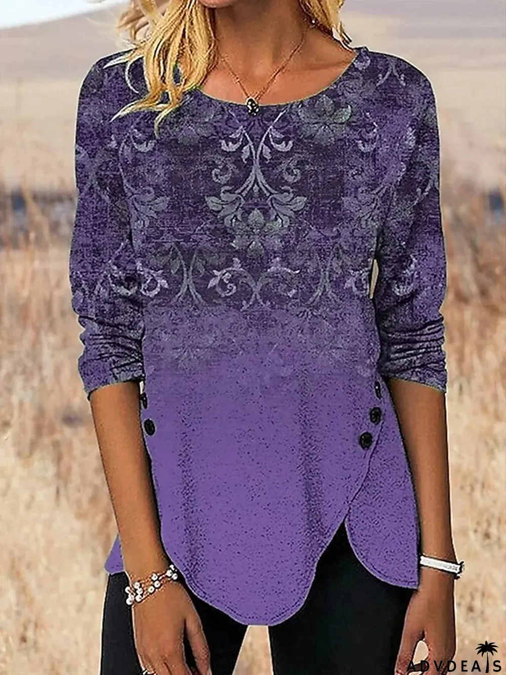 Women's T shirt Tee Floral Holiday Weekend Red Blue Purple Print Long Sleeve Fashion Round Neck Regular Fit Spring & Fall