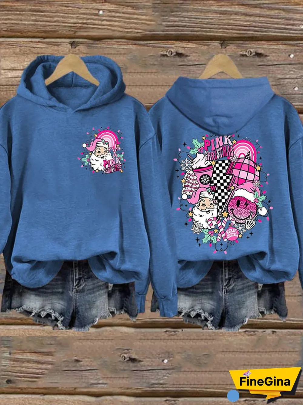 Women&rsquo;s Merry Christmas Retro Pink Christmas Pink Santa Claus Printed Hoodie