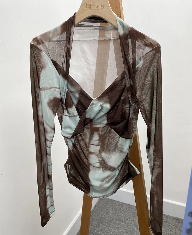 Uveng Explosion Tie-Dye-Print Long Sleeve Bottom Sexy Hottie V-Neck T-Shirt Folded Slimming Mesh Yarn Top 8929