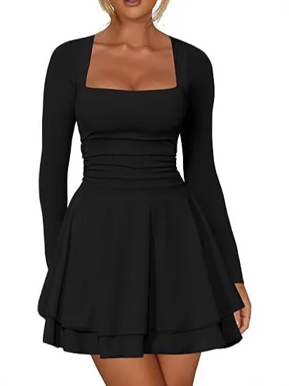 Women's Square Neck Long Sleeve Fitted Waist Mini Dress