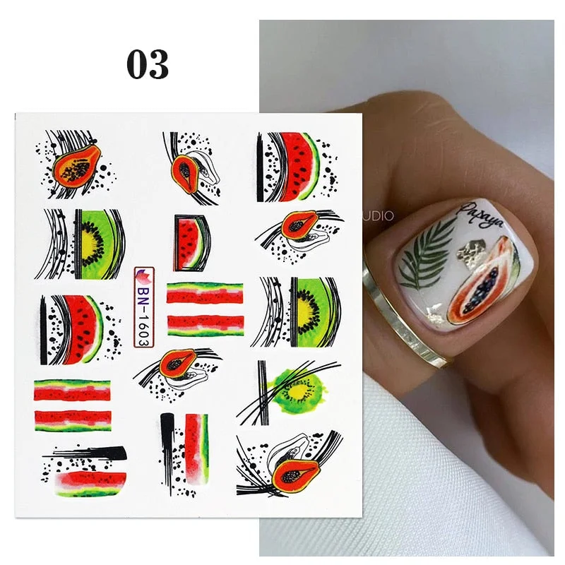 1PC Lemon Banana Nail Water Decals Watermelon Avocado Fruit Flower Leaf Water Transfer Sliders Nail Stickers For Nails Manicures-Nail Inspo