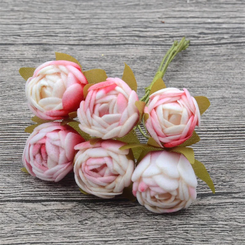 60pcs Mini Silk Tea Rose Bud Artificial Rose Flower Bouquet Scrapbooking Wedding Party Decoration DIY Handmade Fake Flower Craft