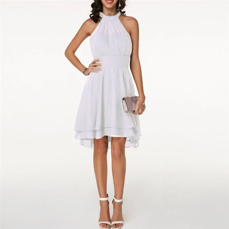 Women Chiffon Party Dress Summer Causal Solid Draped Halter Empire Backless Sleeveless Dress Sexy  A-line Femme Dresses