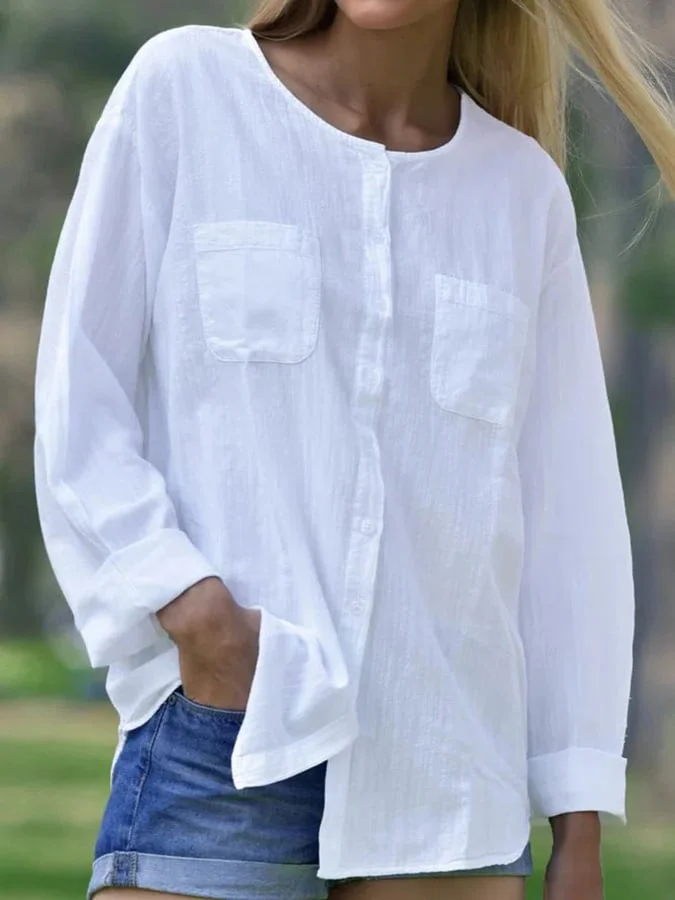 Casual Solid Long Sleeved Round Neck Double Pocket Shirt