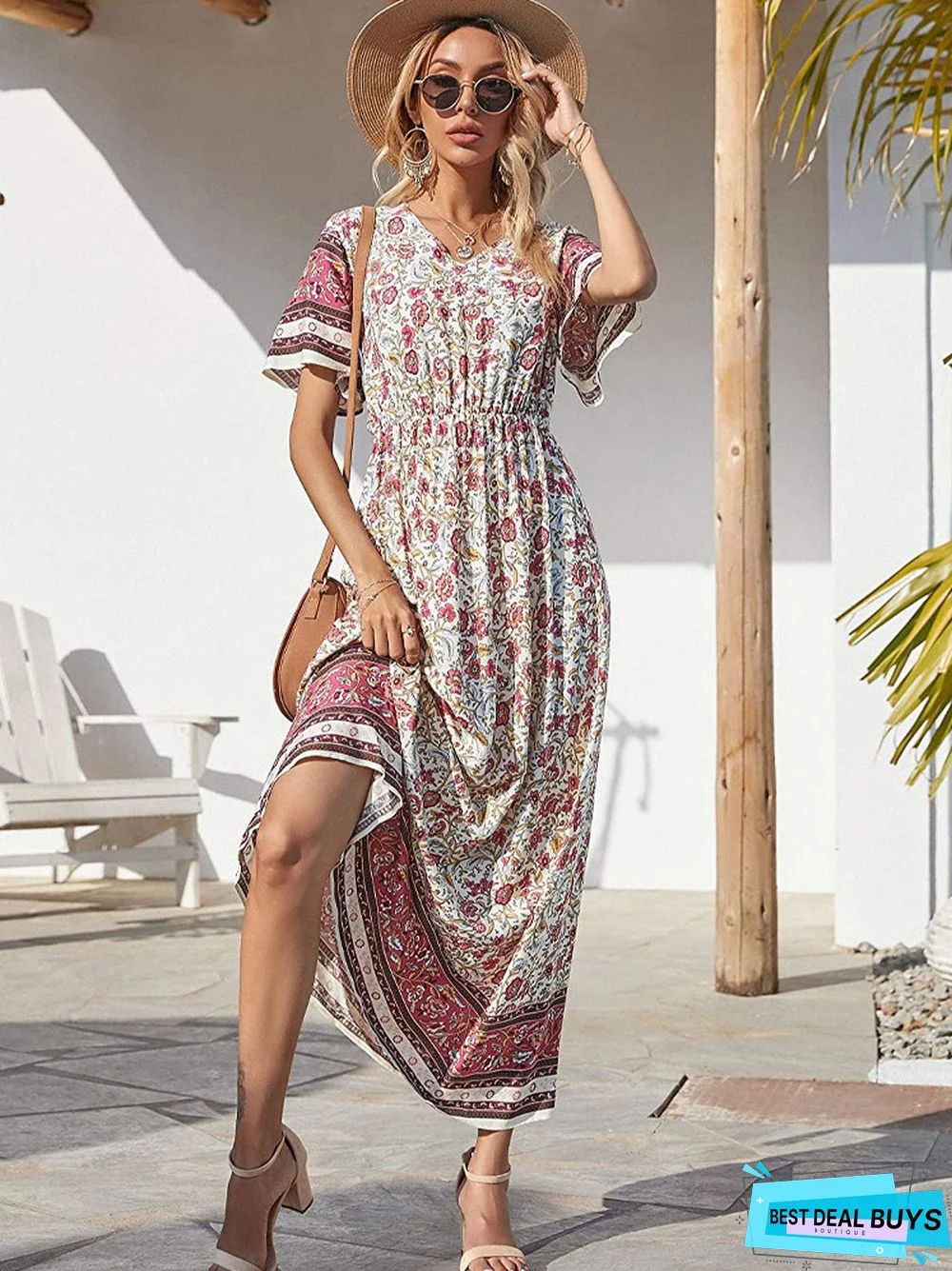 Bohemian Print V-neck Waist Dress Resort Beach Dress