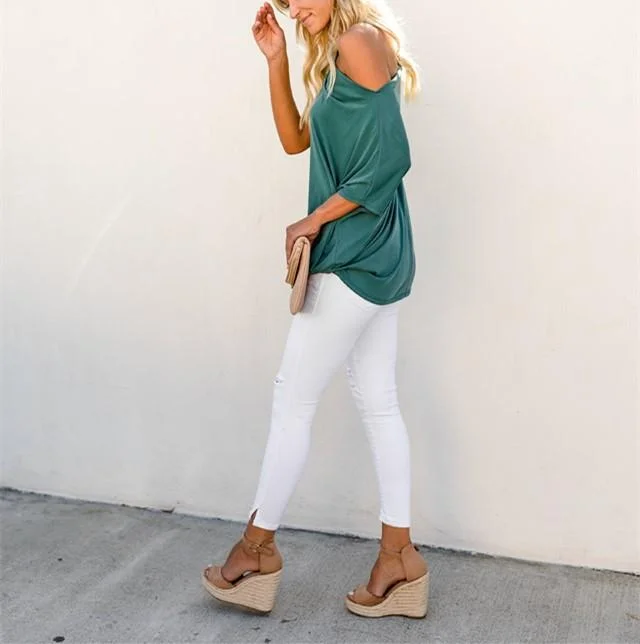 Sexy Pure Color Slanted Shoulder Baggy Blouse T-Shirt