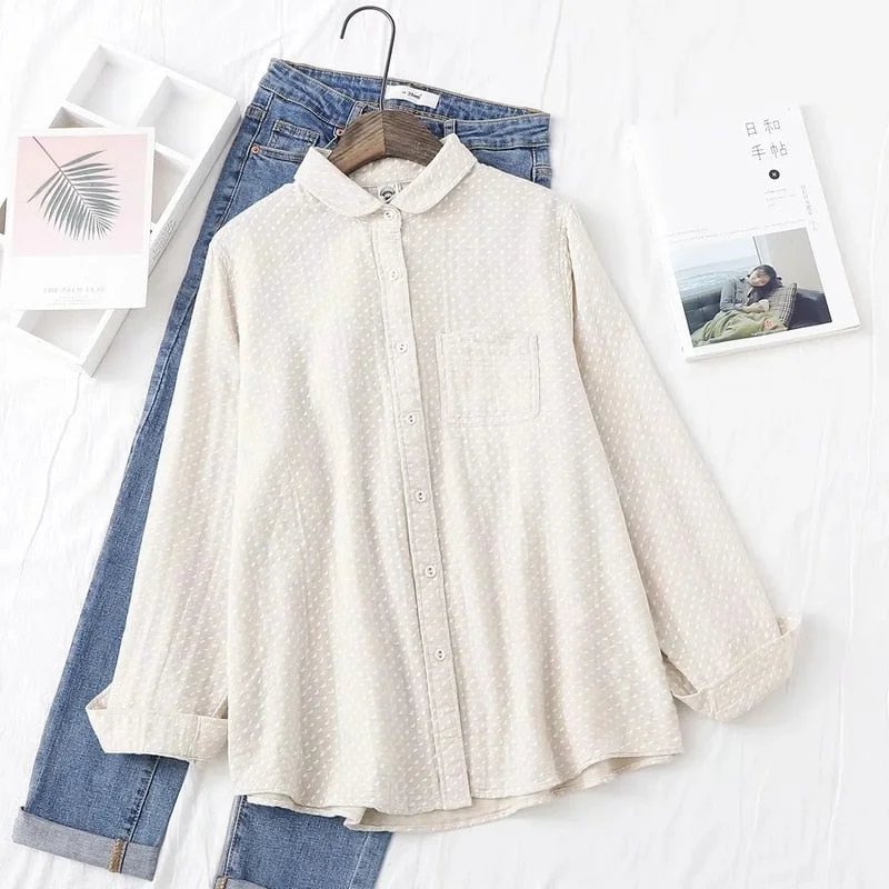Autumn New Women Cotton Turn Down Collar White Shirt Long Sleeve Pockets Dot Blouse Button Up Loose Spring Casual Tops T09406F