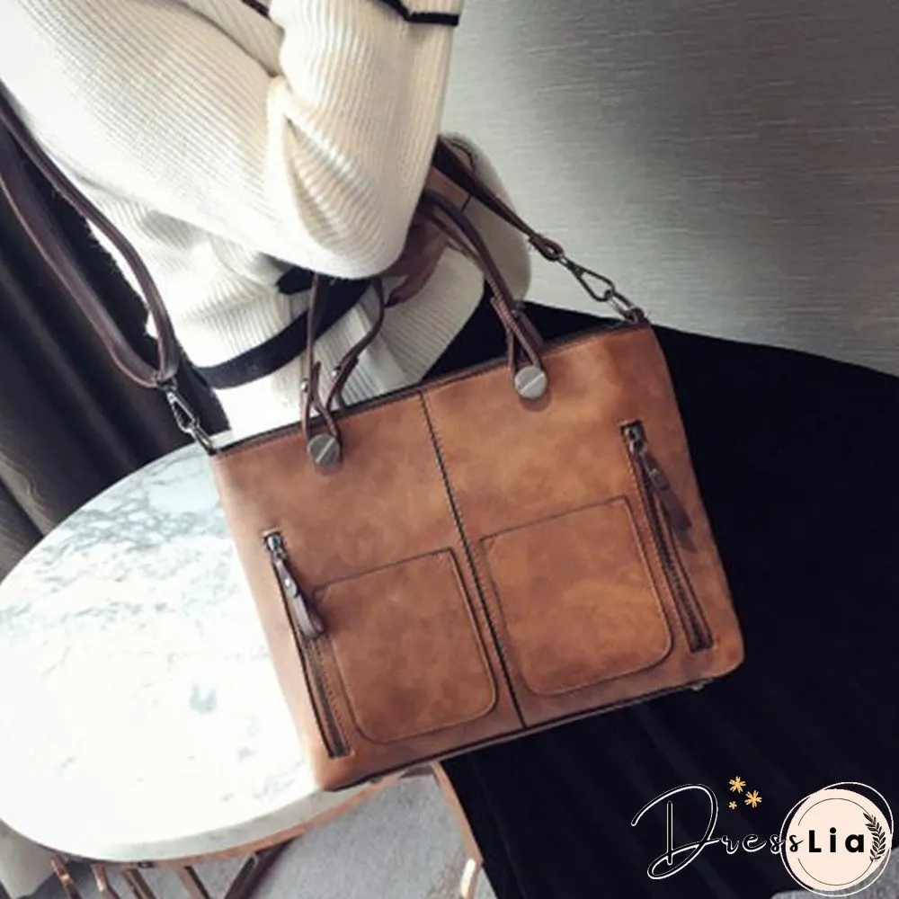 Women Oil Wax Leather Tote Bag Retro Shoulder Bags Handbags