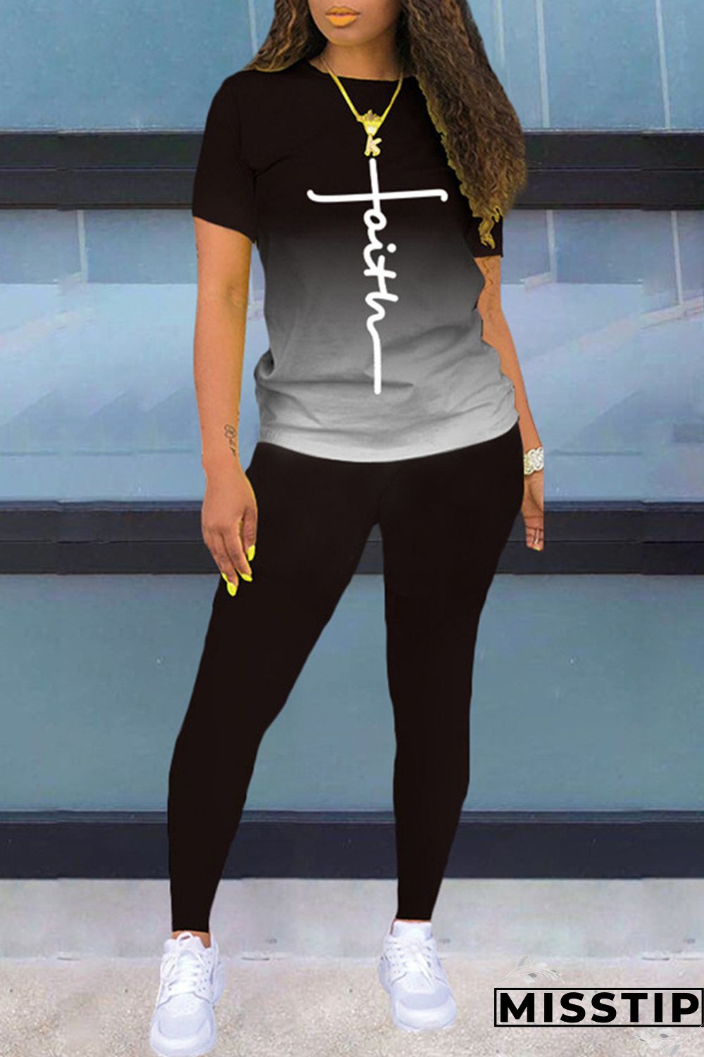 Black Fashion Casual Gradual Change Print Basic O Neck Short Sleeve Two Pieces