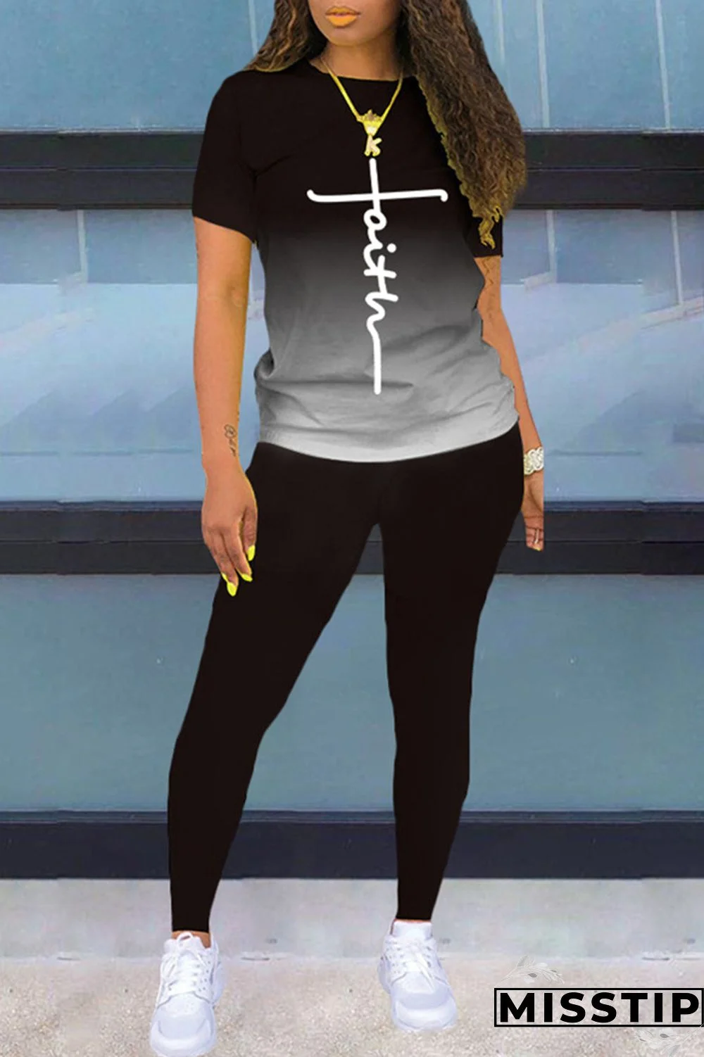 Black Fashion Casual Gradual Change Print Basic O Neck Short Sleeve Two Pieces