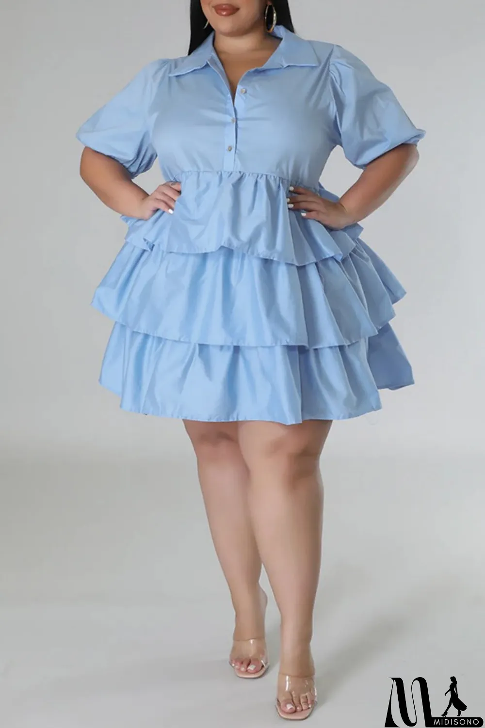 MidiSono - Light Blue Casual Solid Patchwork Turndown Collar Cake Skirt Plus Size Dresses